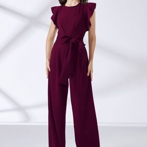Ruffle Trim Belted Wide Leg Jumpsuit